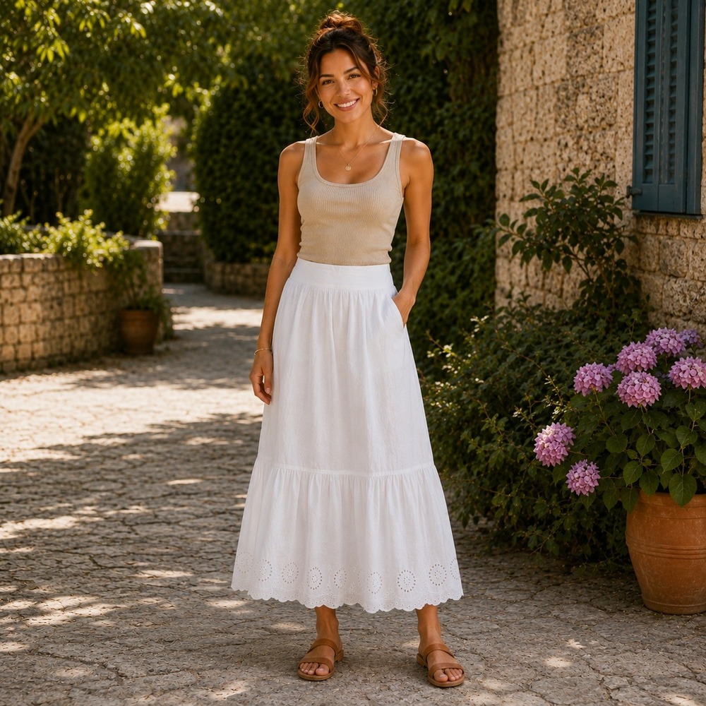 J.McLaughlin White‎ Linen Blend Eyelet Scalloped Hem Tiered Midi Skirt Large NWT